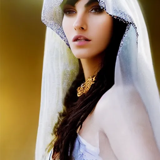 Prompt: beautiful Arab woman, white transparent veil black hair, bathing in a waterfall, swimming, ethereal, emotive, fine art, water mist, mystical, Romanticism, natural light, cinematic lighting, ultra detailed, highly detailed, sharp focus, golden background with flowers, golden jewelry with blue sapphires, photographic, art by artgerm and greg rutkowski and zdislav beksinski