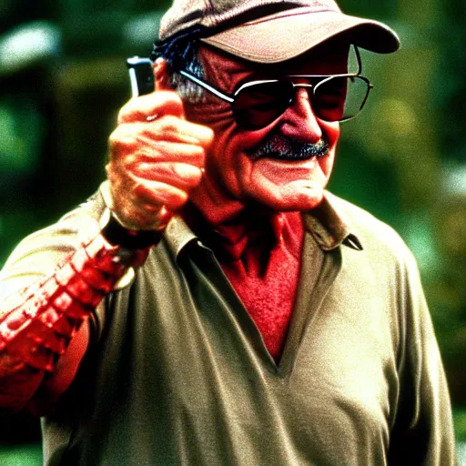 Prompt: High quality screenshot of Stan Lee as Rambo (1995)