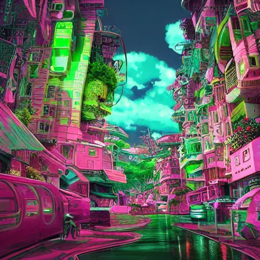 Prompt: pink and green alien city, photorealistic beautiful in the style of studio ghibli. hyperdetailed photorealism, 1 0 8 megapixels, amazing depth, glowing rich colors, powerful imagery, psychedelic overtones, 3 d finalrender, 3 d shading, cinematic lighting, artstation concept art