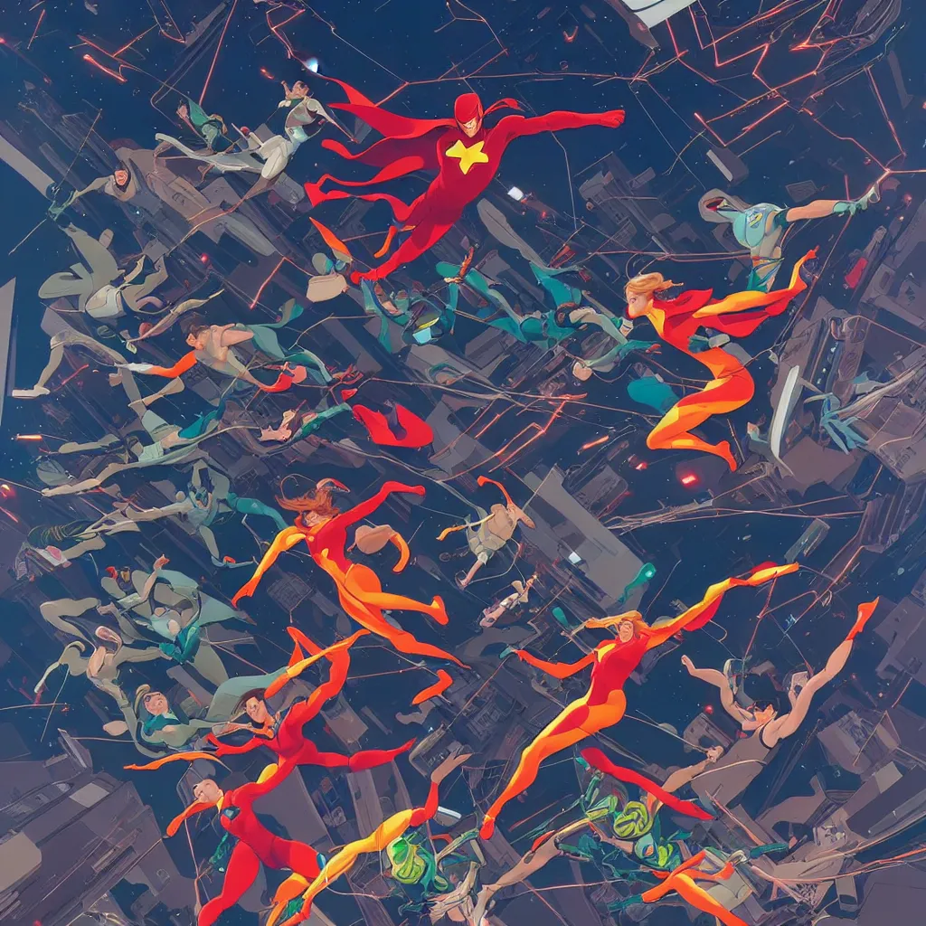 Prompt: Joshua Middleton comic art, superheroes flying in the sky fighting, shooting neon lasers at each other from their hands, 8K, hyper detailed, full body heroes, city landscape urban background, damage and destruction