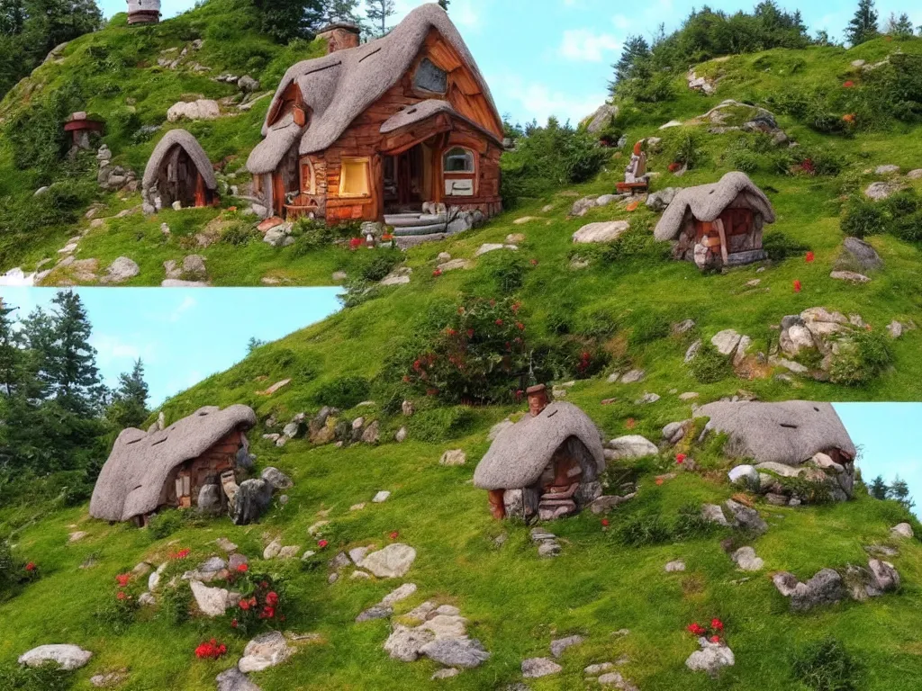 Prompt: cozy cottage on a hill in the style of Miyazaki