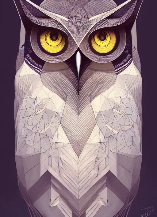 Image similar to portrait of a geometric owl, identical eyes, medium shot, illustration, full body made of white feathers, symmetrical, art stand, super detailed, cinematic lighting, and its detailed and intricate, gorgeous, by peter mohrbacher