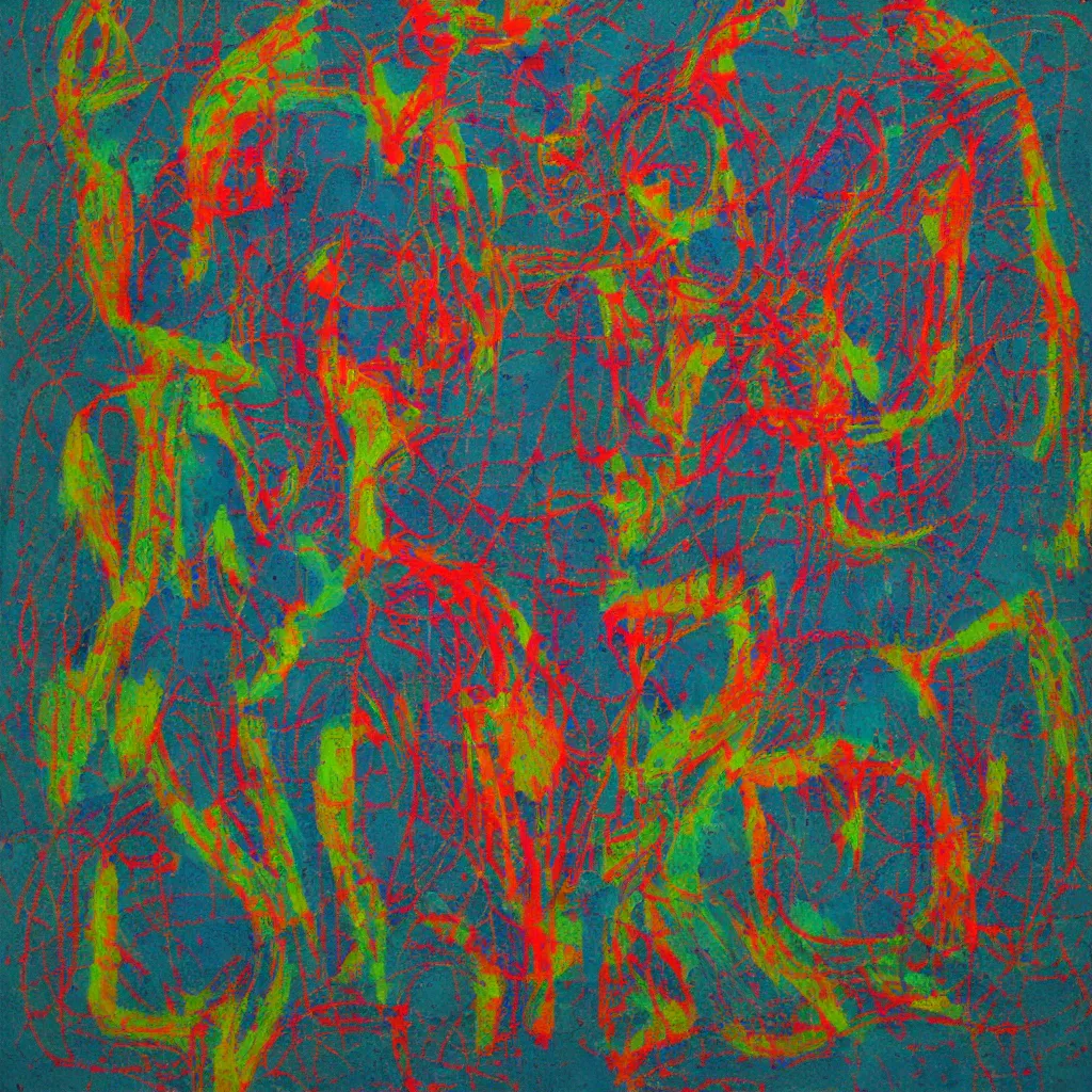 Image similar to two human figures anxiety, smiling, abstract, maya bloch artwork, ivan plusch artwork, cryptic, lines, stipple, dots, abstract, geometry, splotch, concrete, color tearing, uranium, acrylic, neon, pitch bending, faceless people, dark, ominous, eerie, minimal, points, technical, painting