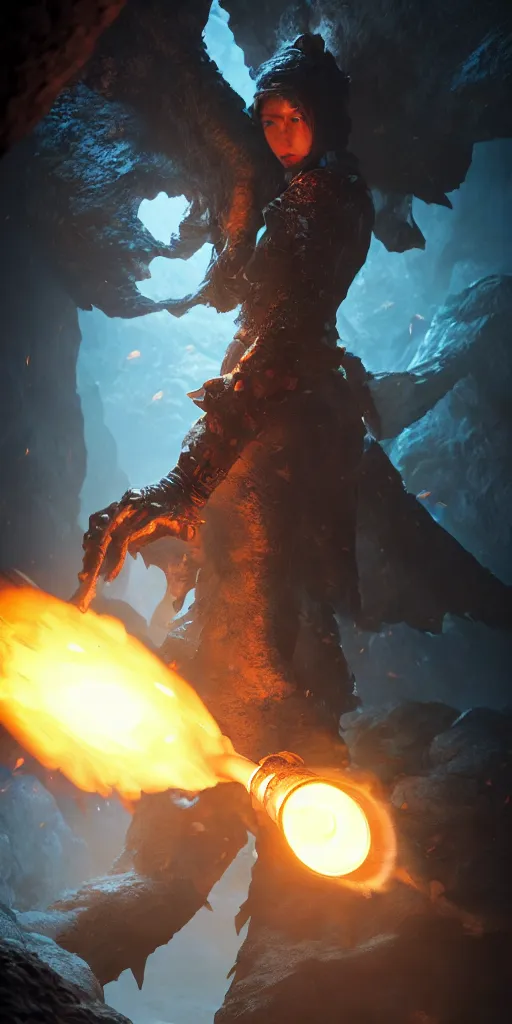 Image similar to a epic hero adventurer holding a torch in a dark cave, fantsy, concept art, artgerm, monster hunter world, 8 k realistic, radiant light, frostbite 3 engine, dof, cryengine, digital art, detailed background