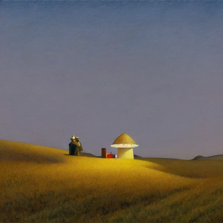 Prompt: a storybook illustration of a spaceship in cornfield, quiet foggy scene painted by Edward Hopper and Robert McGinnis masterpiece, intricate, elegant, fantasy, highly detailed, digital painting, concept art, sharp focus, artstation