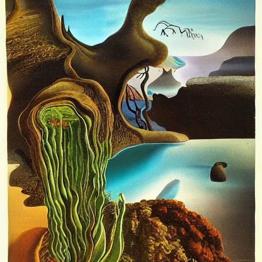 Image similar to painting of a lush natural scene on an alien planet by salvador dali. beautiful landscape. weird vegetation. cliffs and water.