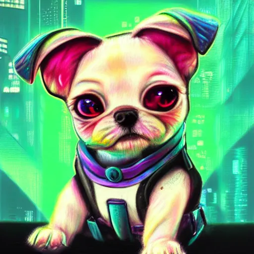 Image similar to Highly detailed pastel painting of a chibi puppy, detailed cyberpunk glitchcore synthwave art, trending on ArtStation