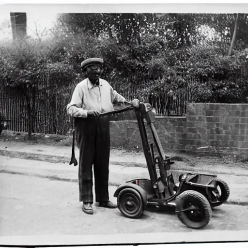 Image similar to photograph of an eldery gentleman towing a howitzer! artillery! which is connected to his mobility scooter, on a street