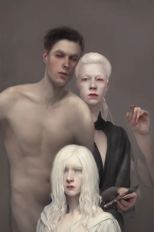 Image similar to a portrait of handsome young male albino Satan and his elegant beautiful albino wife, bored, illustration, dramatic lighting, soft details, painting oil on canvas, art nouveau, octane render, HDR, 4k, 8k, HD, by Edmund Blair Leighton, Brom, Charlie Bowater, trending on artstation, faces by Tom Bagshaw, Sargent