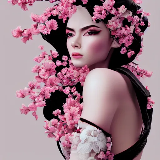 Image similar to beautiful girl in a dress made of black roses and cherry blossoms, beautiful portrait, symmetrical, character concept style trending on artstation concept art detailed octane render cinematic photo - realistic 8 k high detailed