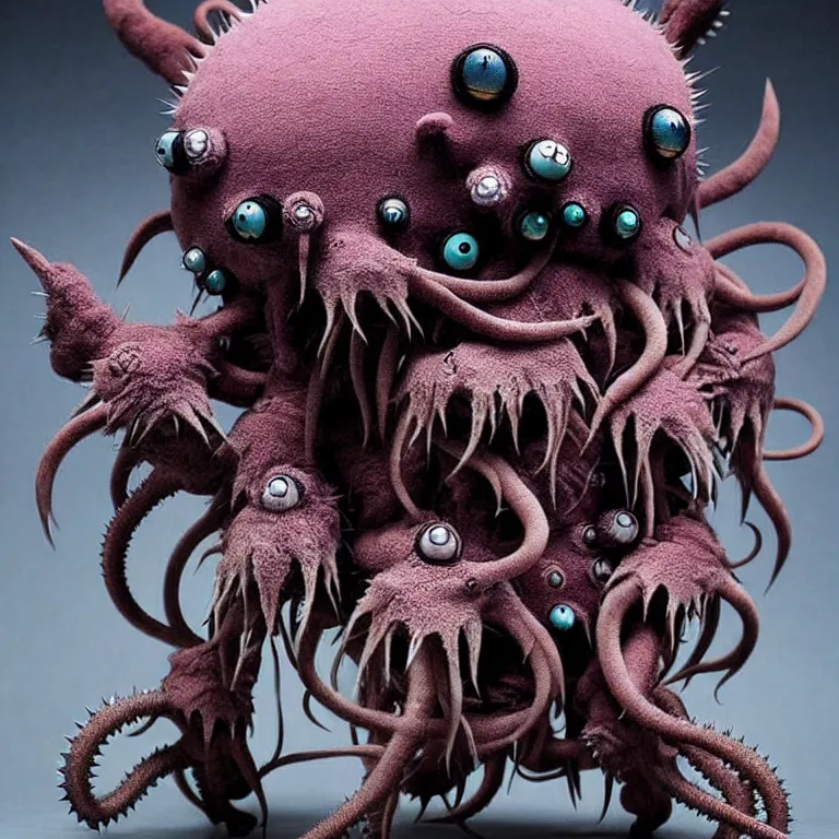 Image similar to photo of cute plush fluffy chibi monster with spikes, tentacles, and many eyes. made by giger, wayne barlowe, dariusz zawadzki, zdzislaw beksinski