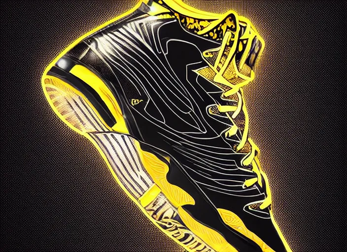 Image similar to glowing black basketball sneaker, wth short golden lines, yellow details, symmetrical, highly detailed, digital art, sharp focus, trending on art station, samurai, electricity superpowers, anime art style