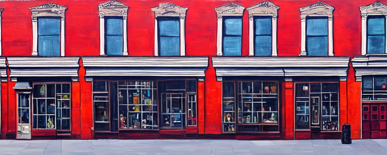 Image similar to painting of a building facade. storefronts. city block. new york.