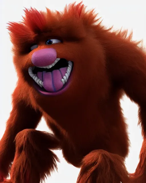 Image similar to 3 d render of completely red hairy friendly antropomorphic cartoony creature wearing chrome shades, similar to jake sully, without nose, full body, simple, cute, white background, unreal engine 5, octane render, highly detailed hdr