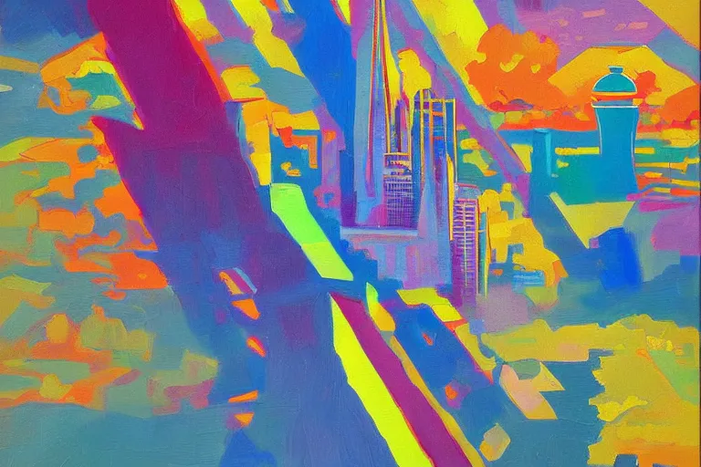 Image similar to !! oil painting!! seattle in a sunny day, artwork by tooth wu, colorful contrast,!!!! very coherent!!!!, dark shadow, thick lineart