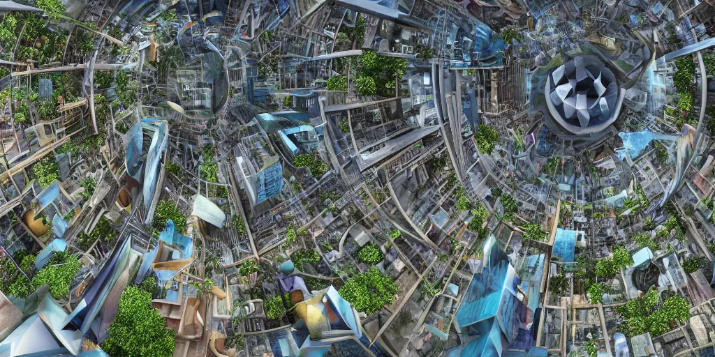 Image similar to Bustling photorealistic!!! utopian city reimagined by Max Hay, inverted fisheye lens!!!, eyelevel!!! view!!! photography, trending on artstation, 4k, 8k, lens distortion, chromatic aberration, soft focus blur, photorealistic imagery, photorealistic details, intricate, highly detailed, artstation 3d, artstation render, artstation 3d render, 3d art, unreal engine 3d, octane 3d, blender 3d, 3d landscape