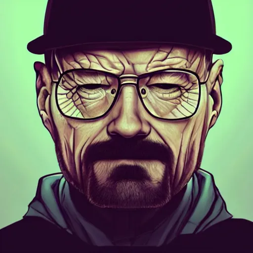 Prompt: high quality illustration, walter white realistic portrait, cyberpunk colors, vaporwave, retro, neotrad, lois van baarle, moebius, league of legend, arcane style