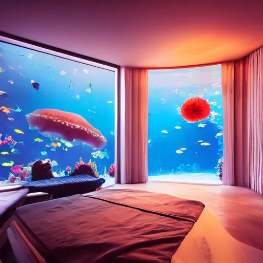Image similar to photo of the modern fashionable room as aquarium with a chandelier as a big jellyfish, beautiful corals on the walls and dangerous sharks outside, big panoramic window, realism, sharp details, cinematic, under the ocean, realistic colors, realistic shadows, daylight by beeple and by greg rutkowski