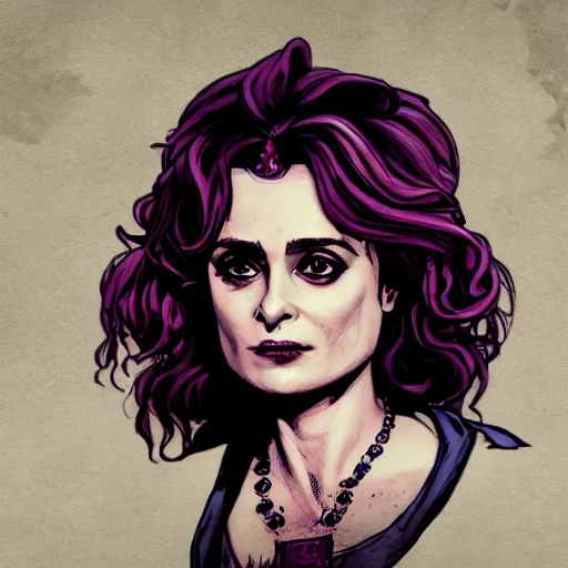 Image similar to helena bonham carter portrait, borderlands, tales from the borderlands, the wolf among us, comic, cinematic lighting, studio quality, 8 k