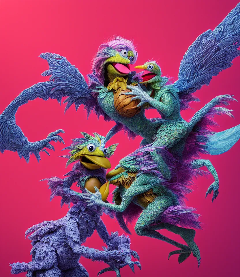 Image similar to hyper detailed 3d render like a Oil painting - kawaii portrait of lovers hugging or kissing pecking adorably Aurora (a beautiful girl skeksis muppet fae princess protective playful expressive acrobatic from dark crystal that looks like Anya Taylor-Joy) seen red carpet photoshoot in UVIVF posing in scaly dress to Eat of the Strangling network of yellowcake aerochrome and milky Fruit and His delicate Hands hold of gossamer polyp blossoms bring iridescent fungal flowers whose spores black the foolish stars by Jacek Yerka, Ilya Kuvshinov, Mariusz Lewandowski, Houdini algorithmic generative render, golen ratio, Abstract brush strokes, Masterpiece, Edward Hopper and James Gilleard, Zdzislaw Beksinski, Mark Ryden, Wolfgang Lettl, hints of Yayoi Kasuma and Dr. Seuss, Grant Wood, octane render, 8k