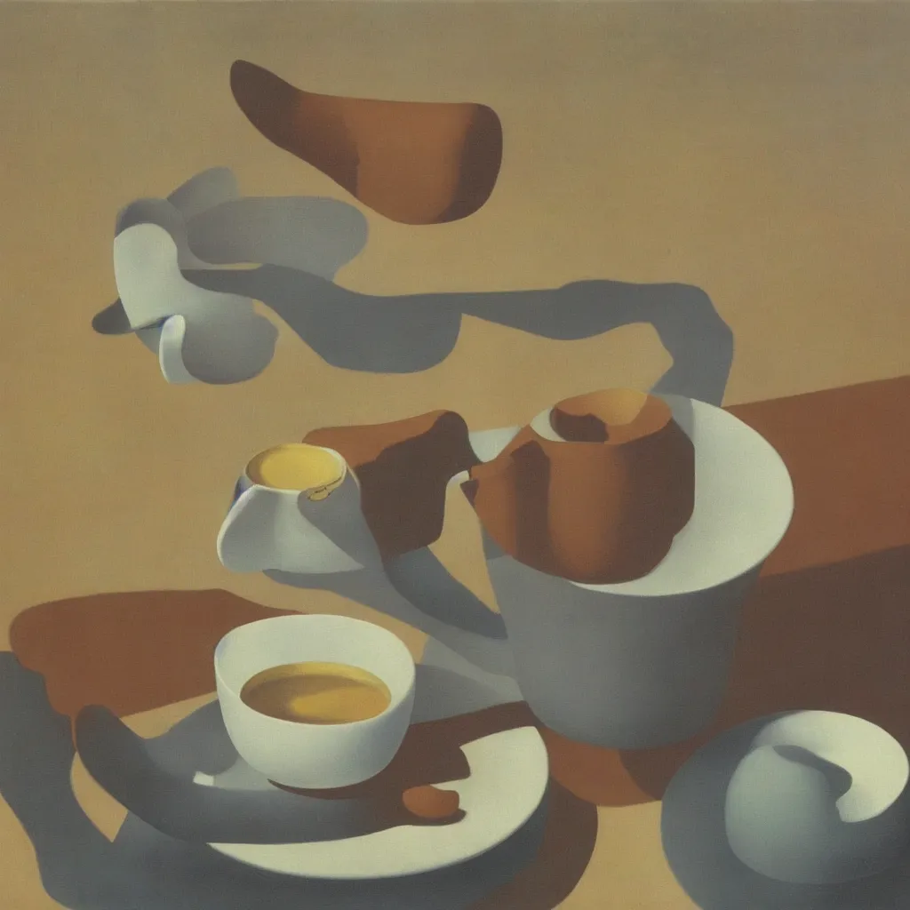 Image similar to Rene Magritte painting of a cup of tea, high quality, surrealist