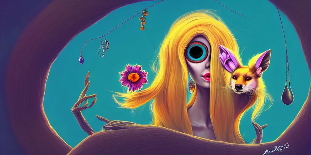 Image similar to curved perspective, extreme narrow, extreme fisheye, digital art of an hallucinogenic female embalmed marten animal wearing jewlery with blonde hairstyle with blue flower in hair by anton fadeev from nightmare before christmas