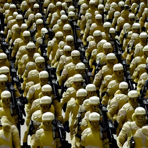 Prompt: large army of lemon soldiers with guns marching, artstation