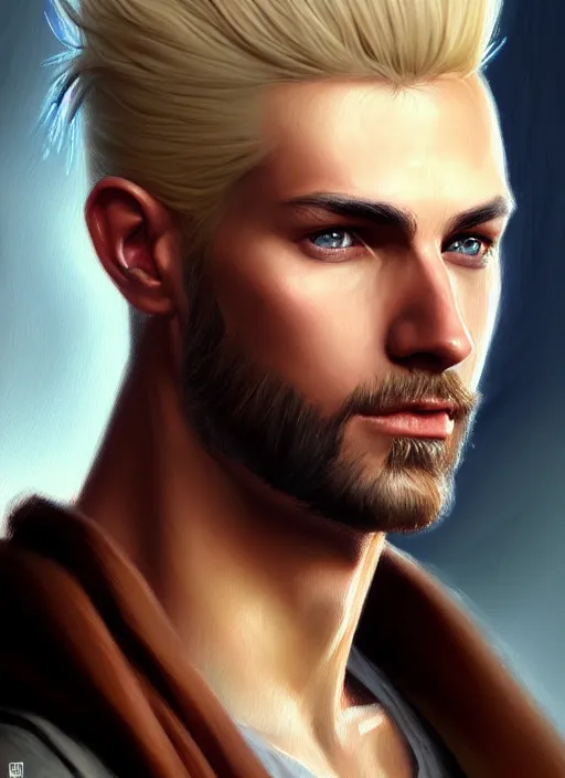 Image similar to a _ fantasy _ style _ portrait _ painting _ of wizard male, medium length hair, blonde pulled back side part and blonde stubble, brown eyes, rpg dnd oil _ painting _ unreal _ 5 _ daz. _ rpg _ portrait _ extremely _ detailed _ artgerm _ greg _ rutkowski _ greg