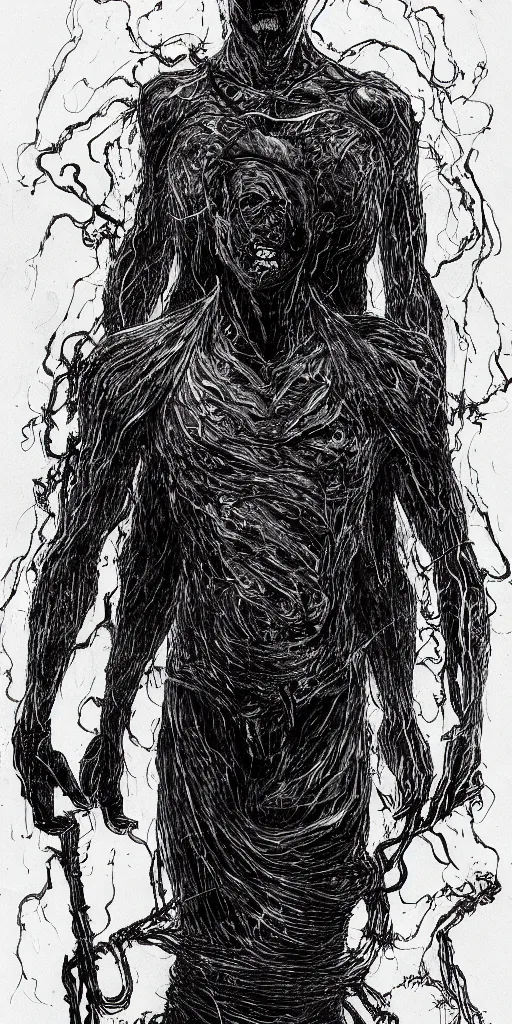 Image similar to concept art of a man with his body covered in burns, with black smoke coming out of his hands, dark colors, sinister atmosphere, dramatic lighting, cinematic, establishing shot, extremely high detail, photo realistic, cinematic lighting, pen and ink, intricate line drawings, by Yoshitaka Amano, Ruan Jia, Kentaro Miura, Artgerm, post processed, concept art, artstation, matte painting, style by eddie mendoza, raphael lacoste, alex ross,