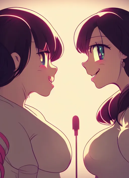 Prompt: two beautiful mothers taunting each other, casual clothes, gorgeous faces, smooth, thick lines, cinematic lighting, detailed anime art