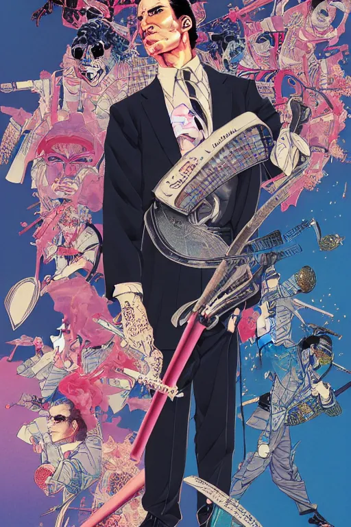 Image similar to poster of patrick bateman as a samurai, vaporwave aesthetic, by yoichi hatakenaka, masamune shirow, josan gonzales and dan mumford, ayami kojima, takato yamamoto, barclay shaw, karol bak, yukito kishiro