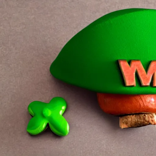 Prompt: a green mario mushroom with the letter v on its'top