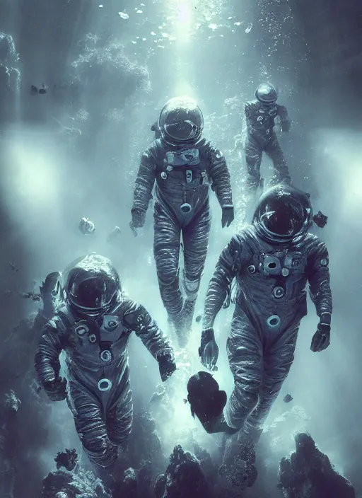 Image similar to astronauts in dark void underwater - complex and hyperdetailed technical suit. reflection and dispersion materials. rays and dispersion of light. volumetric light. f / 3 2. noise film photo. flash photography. ultra realistic, wide angle. poster by wayne barlowe, hajime sorayama aaron horkey, craig mullins