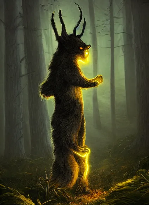 Image similar to a ominous furry creature with long twisted ears standing in a forest, yellow glowing eyes, dark fantasy, michael kutsche, concept art, beautiful lighting