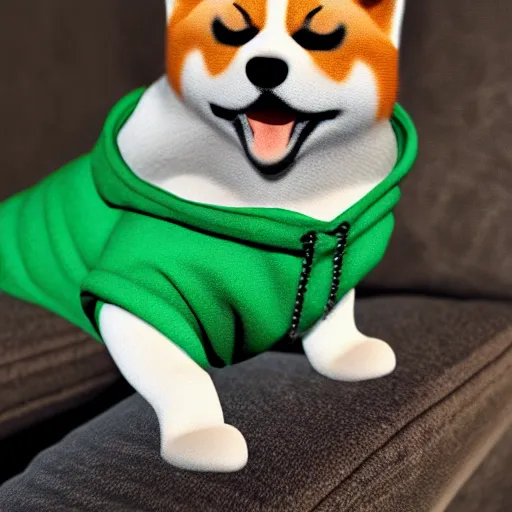 Prompt: a Shiba Inu wearing a green hoodie sitting on a couch, photo realistic, trending on artstation, HDR, nicely detailed, 8k