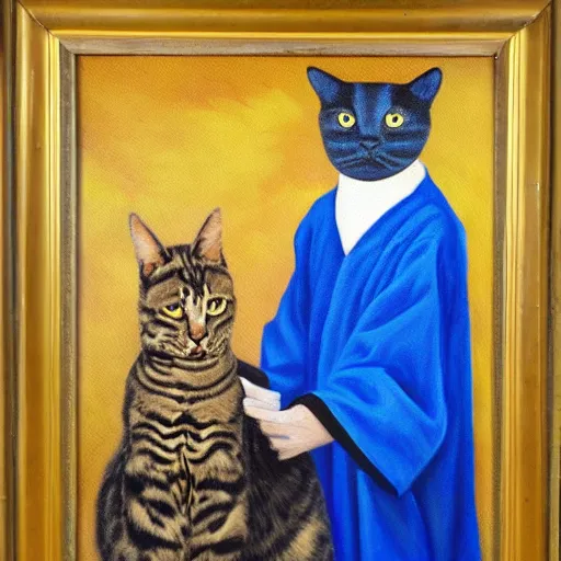 Image similar to oil painting portrait of a cat wizard wearing blue robes