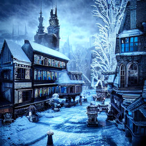 Image similar to frozen steampunk city, hyper realistic photograph