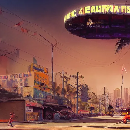 Image similar to gigantic building hovering above a city, long thick cables and trash hanging from underneath, smoke and thick dust in the air, rays of light, neon billboards and dried palmtrees in the streets, a reptile mutant wrestler in fighter pose levitates in the center of the epic scene, scifi, illustration