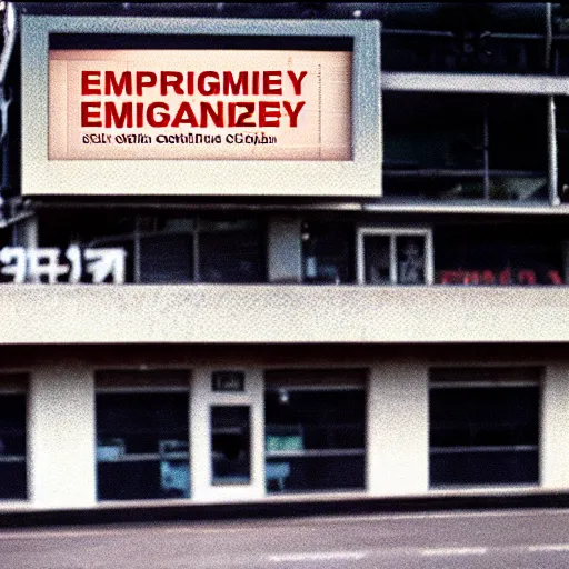 Image similar to ominous emergency warning broadcast on a billboard, 8 0 mm color film