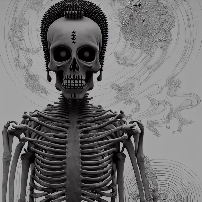 Prompt: portrait of Buddhist Monk as skeleton. intricate abstract. intricate artwork. by Tooth Wu, wlop, beeple, dan mumford. octane render, trending on artstation, greg rutkowski, very coherent symmetrical artwork. cinematic, hyper realism, high detail, octane render, 8k, iridescent accents, deep blacks