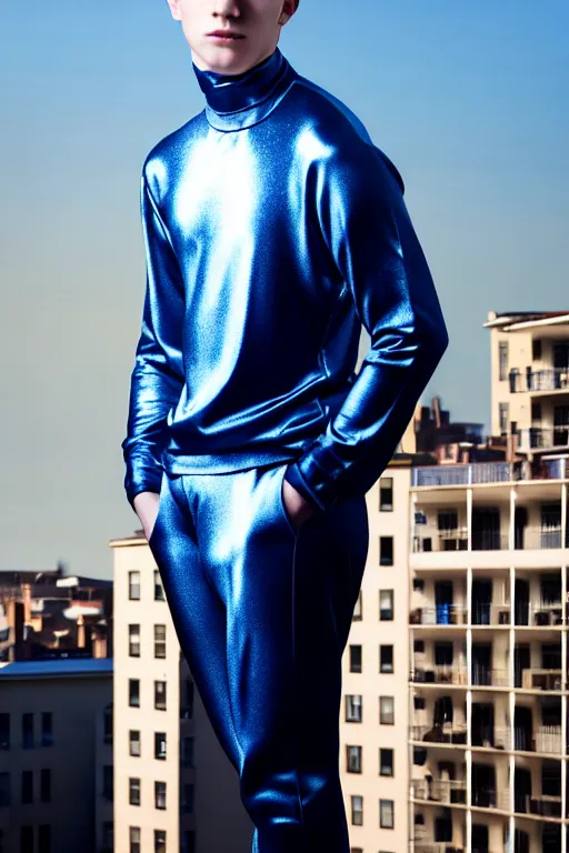 Image similar to un ultra high definition studio quality photographic art portrait of a young man standing on the rooftop of a british apartment building wearing soft padded silver pearlescent clothing. three point light. extremely detailed. golden ratio, ray tracing, volumetric light, shallow depth of field. set dressed.