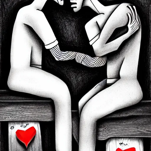 Image similar to two beautiful chad men drinking beers, many hearts, friendship, love, sadness, dark ambiance, concept by Godfrey Blow, featured on deviantart, drawing, sots art, lyco art, artwork, photoillustration, poster art