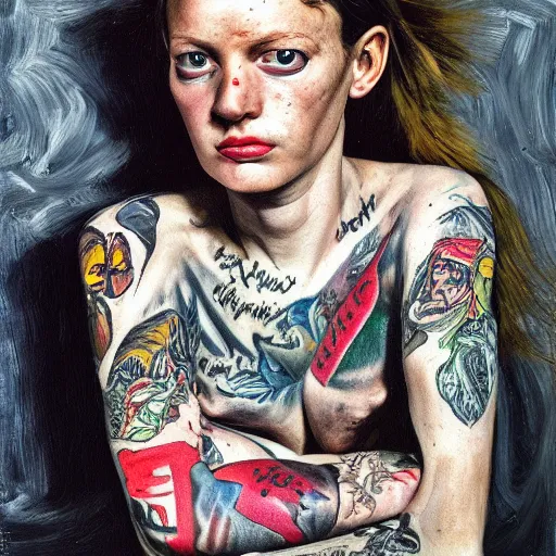 prompthunt high quality high detail painting by lucian freud hd  exaggerated portrait of punk tattooed girl photorealistic lighting