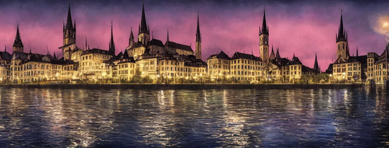 Prompt: Digital painting of Neo-Gothic Zurich, Limmat and the lake at night, wide angle, volumetric light, hyperdetailed, Alsp in the background, artstation, cgsociety, 8k