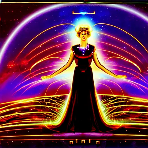 Image similar to the ethereal queen of technology bestows the gift of circuits to humanity. matte painting. fantastic. velvet and gold.