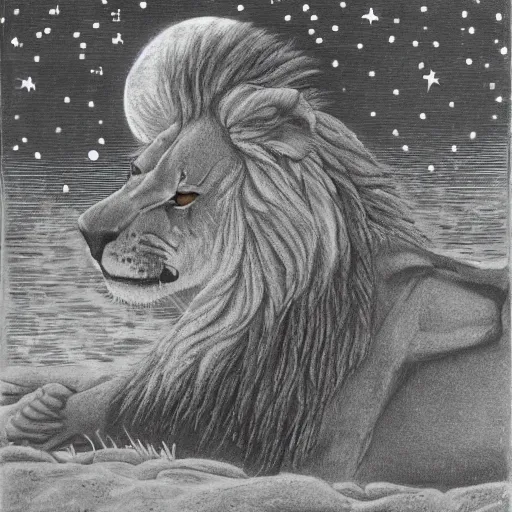 Prompt: an old lion getting ready to haunt a zebra on a starry night with the moon reflected on a lake