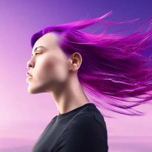 Image similar to a award winning action upper body portrait of a beautiful woman with a ombre purple pink hairstyle with head in motion and hair flying, outrun, vaporware, highly detailed, fine detail, intricate