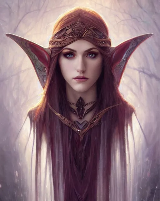 Image similar to portrait of katherine mcnamara elven mage, dark, piercing eyes, gentle expression, elegant clothing, photorealistic, highly detailed, artstation, smooth, sharp focus, art by michael whelan, artgerm, greg rutkowski and alphonse mucha