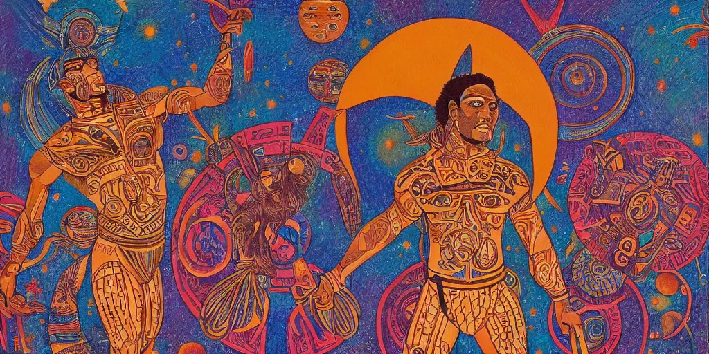 Prompt: an abstract space station background, a polynesian greek god dancing, clear eyes. 2 4 mm, photorealistic, muted color scheme, directed by mati klarwein