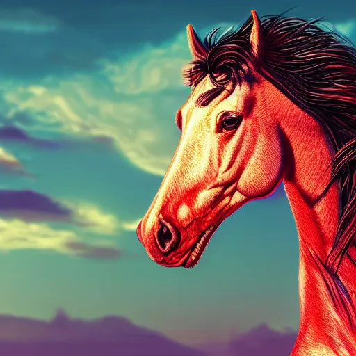 Prompt: digital horse, retrowave palette, highly detailed, anatomically correct equine, synth feel, smooth face, ear floof, flowing mane, mane to one side, no reins, super realism, accurate animal imagery, 4 k digital art